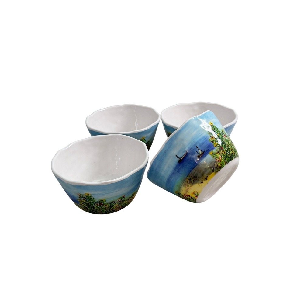 222 Fifth 100% Melamine Coastal Sailboat Small Bowls Set of 4 Blue Landscape